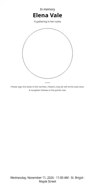 Elena Vale — Tall memorial card — Festivals & Community template