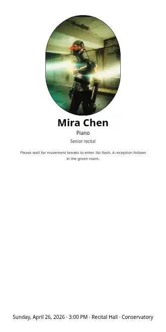 Mira Chen — Tall recital card — Concerts & Recitals template