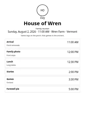 House of Wren — Reunion — Weddings & Celebrations program template