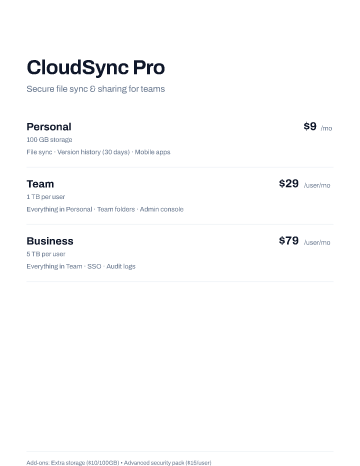 CloudSync Pro — Pricing — Pricing Sheets form template