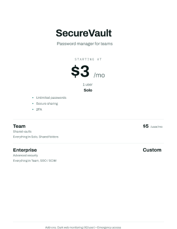 SecureVault — Pricing — Pricing Sheets template