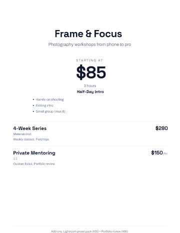 Frame & Focus — Pricing — Pricing Sheets form template