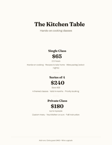 The Kitchen Table — Pricing — Pricing Sheets form template