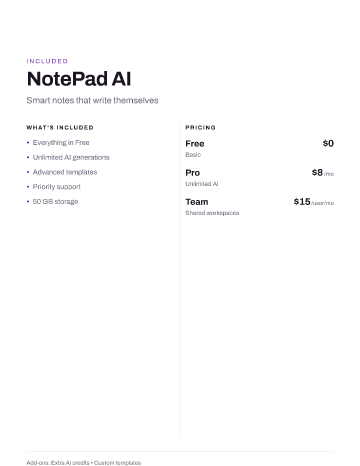 NotePad AI — Pricing — Pricing Sheets form template
