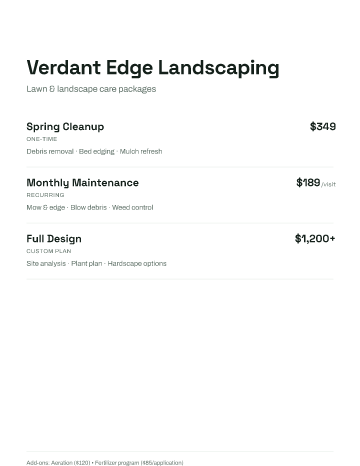 Verdant Edge Landscaping — Pricing — Pricing Sheets form template