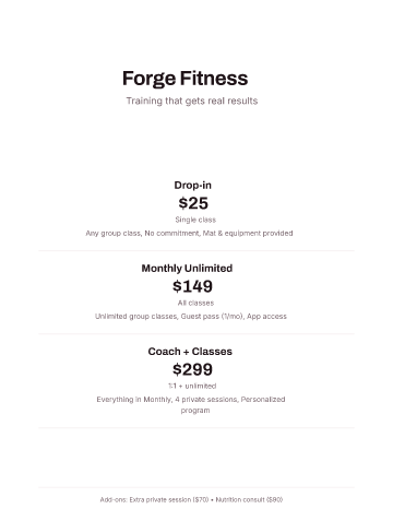 Forge Fitness — Pricing — Pricing Sheets form template