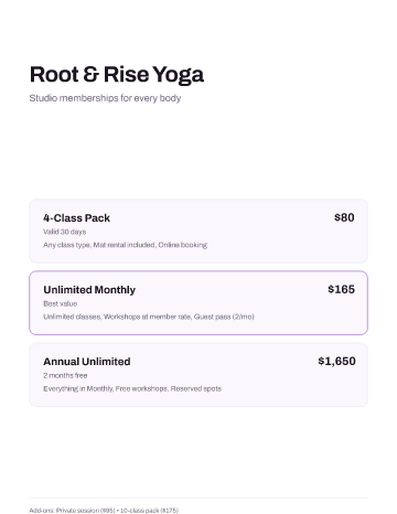 Root & Rise Yoga — Pricing — Pricing Sheets form template