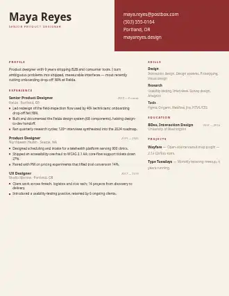 Maya Reyes — split resume — Creative template
