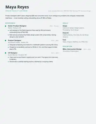 Maya Reyes — timeline resume — Minimal template