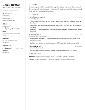 Derek Okafor — stack resume — Technical template