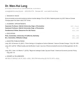 Dr. Wen-Hui Lang — vitae resume — Minimal template