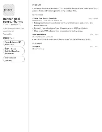 Hannah Osei-Bonsu, PharmD — rx resume — Minimal template