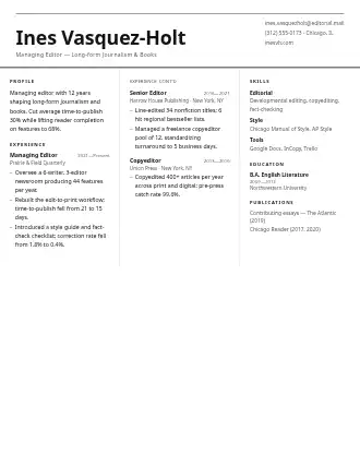 Ines Vasquez-Holt — broadsheet resume — Creative template