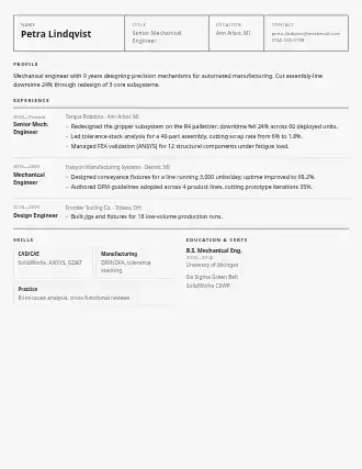 Petra Lindqvist — datasheet resume — Technical template
