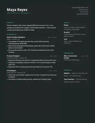 Maya Reyes — panels resume — Minimal resume template