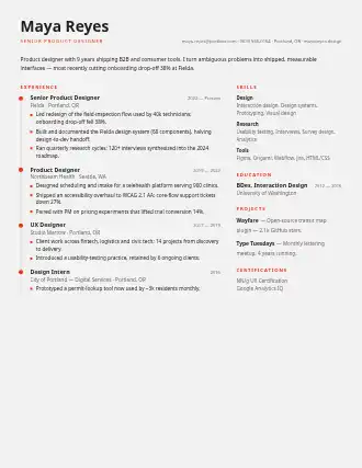 Maya Reyes — timeline resume — Minimal resume template