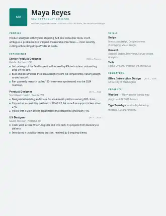 Maya Reyes — monogram resume — Creative resume template