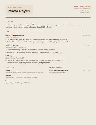 Maya Reyes — index resume — Technical resume template