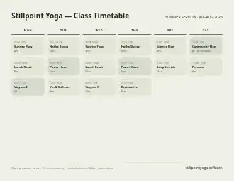 Stillpoint Yoga — Class Timetable — class timetable — Timetables & Classes template