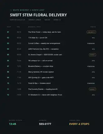 SWIFT STEM FLORAL DELIVERY — route schedule — Operations & Routes template