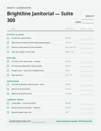 Brightline Janitorial — Suite 300 — cleaning rota — Rosters & Rotas template
