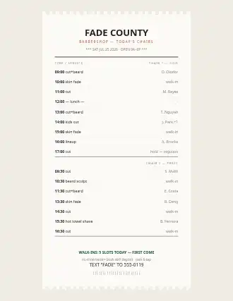 FADE COUNTY — walk-in day sheet — Appointments & Bookings template