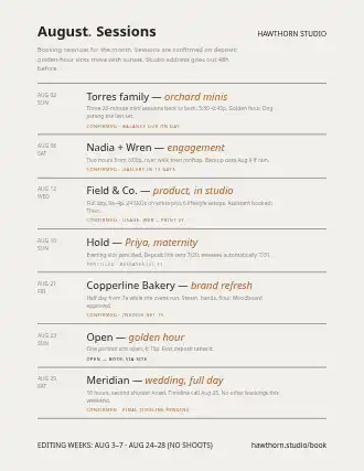 August. Sessions — booking calendar — Appointments & Bookings template