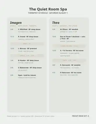 The Quiet Room Spa — therapist schedule — Operations & Routes template