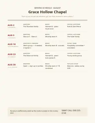 Grace Hollow Chapel — volunteer rota — Rosters & Rotas template