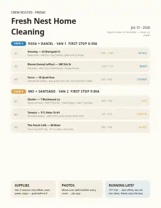 Fresh Nest Home Cleaning — crew routes — Operations & Routes template