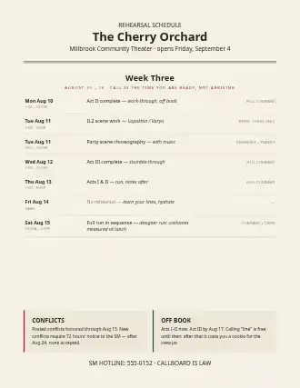 The Cherry Orchard — rehearsal schedule — Events & Run Sheets template