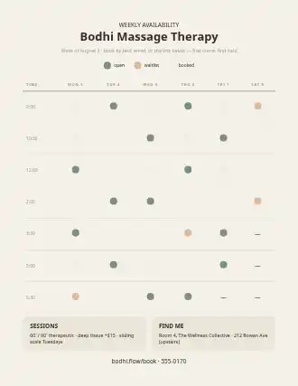 Bodhi Massage Therapy — availability sheet — Appointments & Bookings schedule template