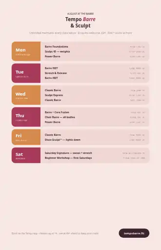 Tempo Barre& Sculpt — class schedule poster — Timetables & Classes schedule template