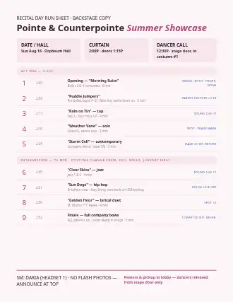 Pointe & Counterpointe Summer Showcase — recital run sheet — Events & Run Sheets template