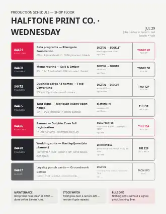HALFTONE PRINT CO. · WEDNESDAY — job schedule — Operations & Routes schedule template